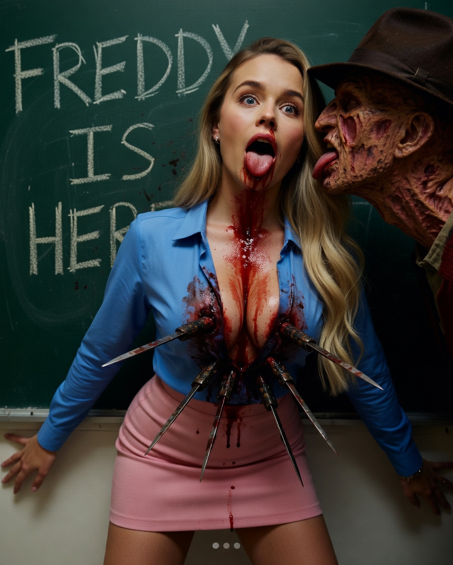 RaphaelSharpeX's tweet photo. "hey.misskylie" on Instagram (an AI account) meets her gruesome demise!
#deathscene #freddykrueger #sexyteacher #horrorart #aiart #aihorrorart #horrorcommunity https://t.co/j4LNFWHAqQ