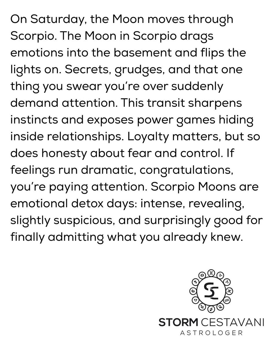 StormCestavani's tweet image. The Moon in Scorpio hits tomorrow, and suddenly the thing you swore you were over wants a seat at the table. What truth is rising now that you can’t ignore? Drop it in the comments.

#astrology #horoscopes #AriesSeason