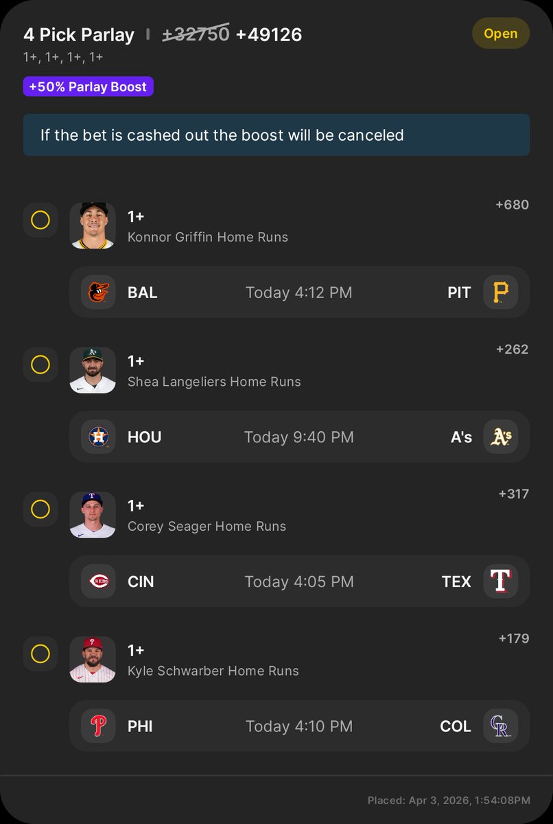 SharpSportPlays's tweet photo. MLB home run lotto 50% boost on DK. Threw some pizza money on it. 
#mlblotto #MLB #homerun #parlay
 https://t.co/lVezwnFa04 https://t.co/VLsgyOtIC2