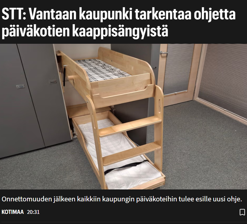 SeppoPalkki's tweet photo. Täysin käsittämätön tragedia, jota ei olisi uskonut koskaan tapahtuvan. Nyt kuitenkin tapahtui... mutta kuka tai ketkä ovat vastuussa?
#Kelokuusen päiväkodissa työntekijä oli nostanut sängyn seinälle huomioimatta että 2 v nukkui siinä.
Oliko työntekijä kielitaidoton #matu? https://t.co/yr1nCgSPxG