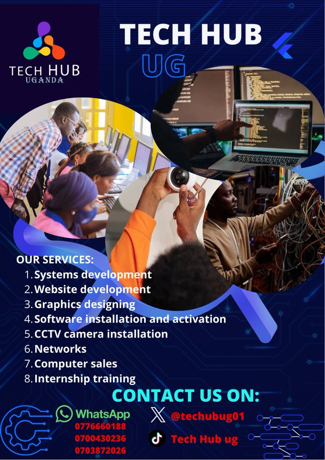 TommyIzo7's tweet photo. Empowering Your Digital Future with Tech Hub UG 🇺🇬

From securing your premises to building your digital presence, we provide end-to-end technology solutions tailored for growth. Whether you’re a business looking for a custom system or an aspiring techie seeking hands-on internship training, we’ve got the tools and the talent.