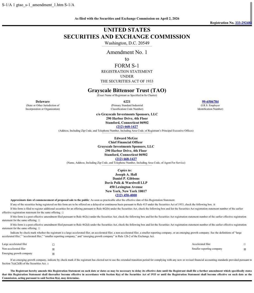 Grayscale just filed Amendment No. 1 to their S-1 for a Bittensor spot ETF.

April 2, 2026. NYSE Arca. Ticker: GTAO.

Wall Street is getting in.

Here's what this actually means.

Grayscale is not a random company chasing clout.

They have billions under management. They did this