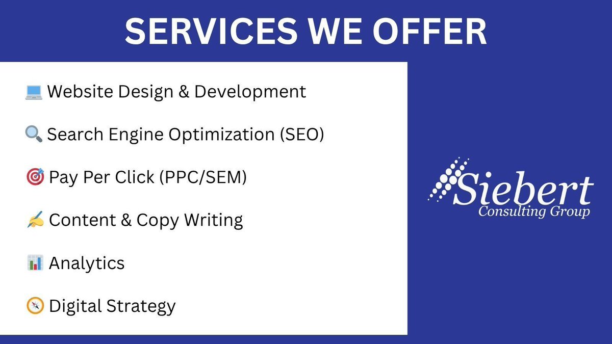 siebert_consult's tweet photo. We can help you! 

#DigitalMarketing #SmallBusinessSupport #MarketingStrategy #PPCMarketing #BusinessGrowth #SEOExperts #WebDevelopment #MarketingForSmallBusiness #PaidAds #OnlineVisibility #SiebertConsultingGroup #SocialMedia #PayPerClick #WebsiteDesign #BusinessGrowth https://t.co/zkp6mytj5g