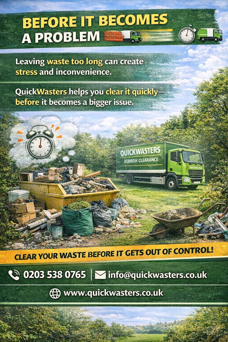 Quickwasters1's tweet image. BEFORE IT BECOMES A PROBLEM ⏱️🚛
Leaving waste too long can create stress and inconvenience.
QuickWasters helps you clear it quickly—before it becomes a bigger issue.
.
📞 0203 538 0765
📧 info@quickwasters.co.uk
🌍 quickwasters.co.uk
.
#ClearItNow #QuickWasters