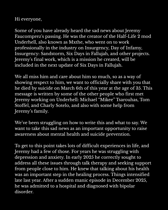 LambdaGenPosts's tweet photo. Last month we shared the news of the death of Underhell creator Jeremy "Mxthe" Faucomprez.

It is with great sadness that today we have learned that ...

By LambdaGeneration in Half-Life / News https://t.co/RPyNWz7dtE #halflife #news https://t.co/V7041lB5fJ