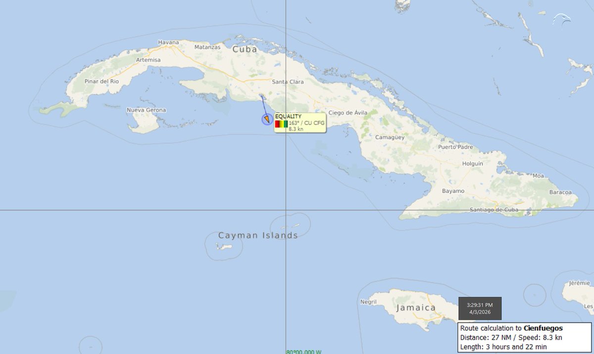 FlconEYES's tweet image. 🚨⚓️ #EQUALITY 9216547
Tanquero SANCIONADO del #CARTELDELAHABANA para cabotajes, bajo control del #PartidoPCC.

Permaneció fondeado en la Bahía de Jagua desde febrero, luego de cargar en el espigón de la refinería.
En la tarde zarpa con rumbo al Sureste.

Este buque, vinculado a