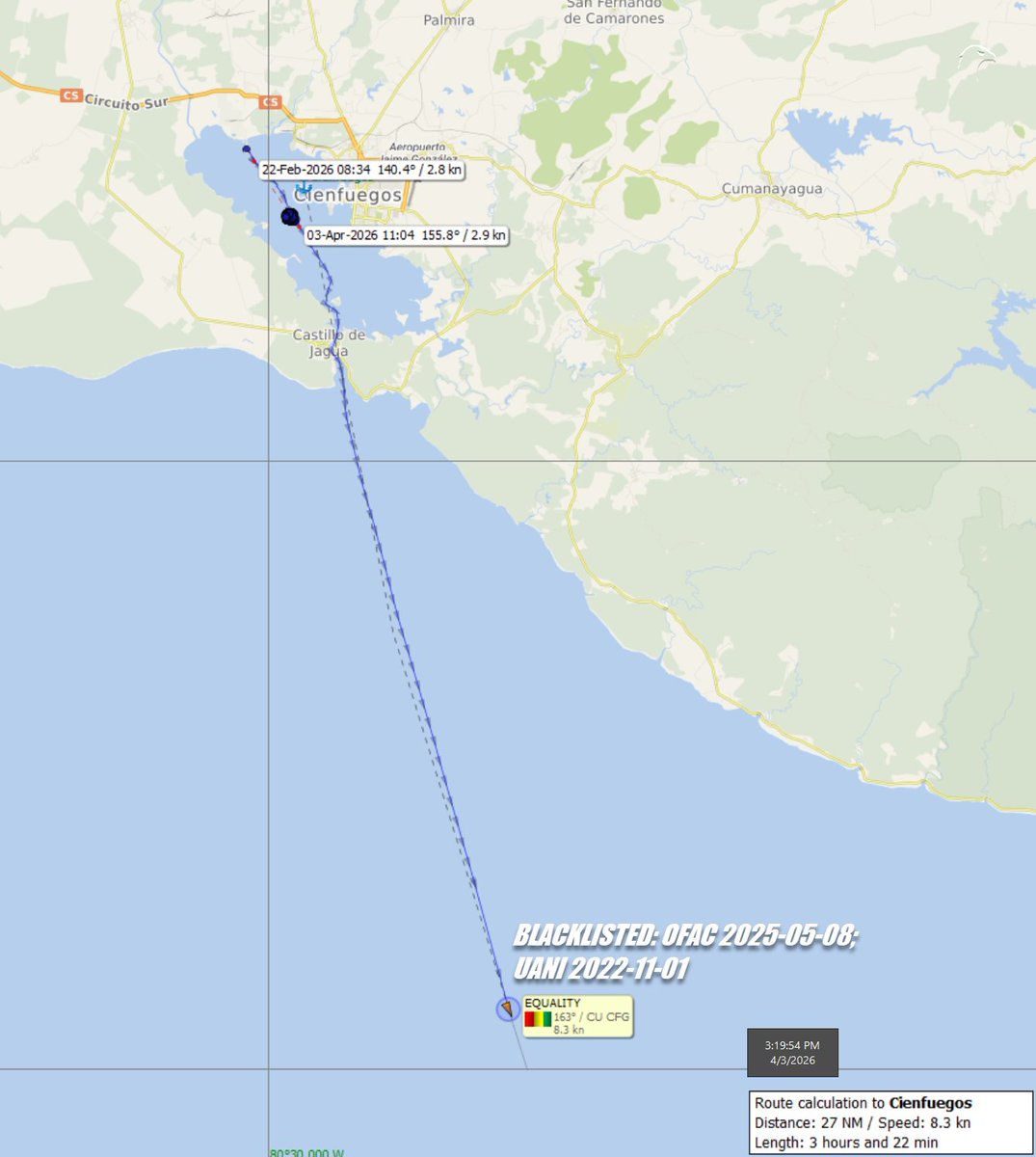FlconEYES's tweet image. 🚨⚓️ #EQUALITY 9216547
Tanquero SANCIONADO del #CARTELDELAHABANA para cabotajes, bajo control del #PartidoPCC.

Permaneció fondeado en la Bahía de Jagua desde febrero, luego de cargar en el espigón de la refinería.
En la tarde zarpa con rumbo al Sureste.

Este buque, vinculado a