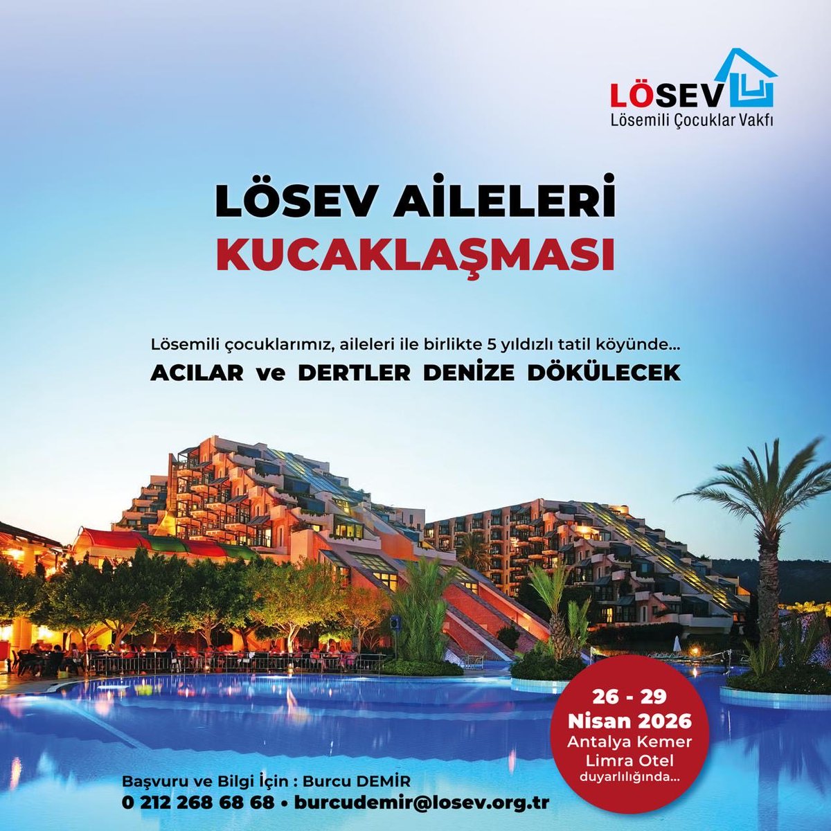 ustunezer's tweet photo. DÜNYADA BİR İLK OLACAK 
Lösemi hastalığını yenen çocuklar Aileleri ile birlikte ,
1500 ‘ü aşkın kişi 
Antalya Kemer’de 5 yıldızlı Tatil köyünde gönüllerince tatil yapacaklar ve
TÜM ACILARI ile DERTLERİNİ DENİZE DÖKECEKLER..,
Sizi de bekleriz
#İyi ki LÖSEV
#İyi ki LÖSEV’liyiz https://t.co/rdTCudpAU5