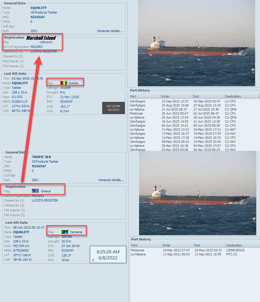 FlconEYES's tweet image. 🚨⚓️ #EQUALITY 9216547
Tanquero SANCIONADO del #CARTELDELAHABANA para cabotajes, bajo control del #PartidoPCC.

Permaneció fondeado en la Bahía de Jagua desde febrero, luego de cargar en el espigón de la refinería.
En la tarde zarpa con rumbo al Sureste.

Este buque, vinculado a