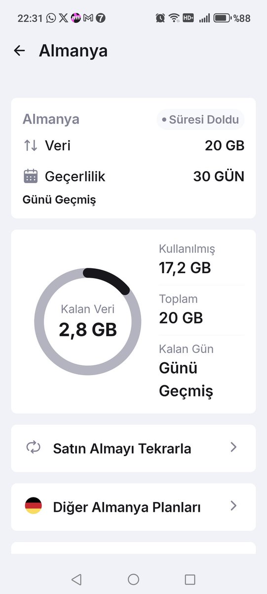 nejbus's tweet photo. @Anlik_Analiz Aynı şekilde Bende aktif olarak Almanya'da internet kullandım. YouTube Instagram WhatsApp ve x de videolar izledim. 30 günde 17.2 GB internet kullanırken Türkiye'de 3 günde yotubeden bir tane dahi video izlememişken 3 günün yani 72 saatin sonunda 5 GB internet kullanmışım vay vay https://t.co/DKVK3LLs02
