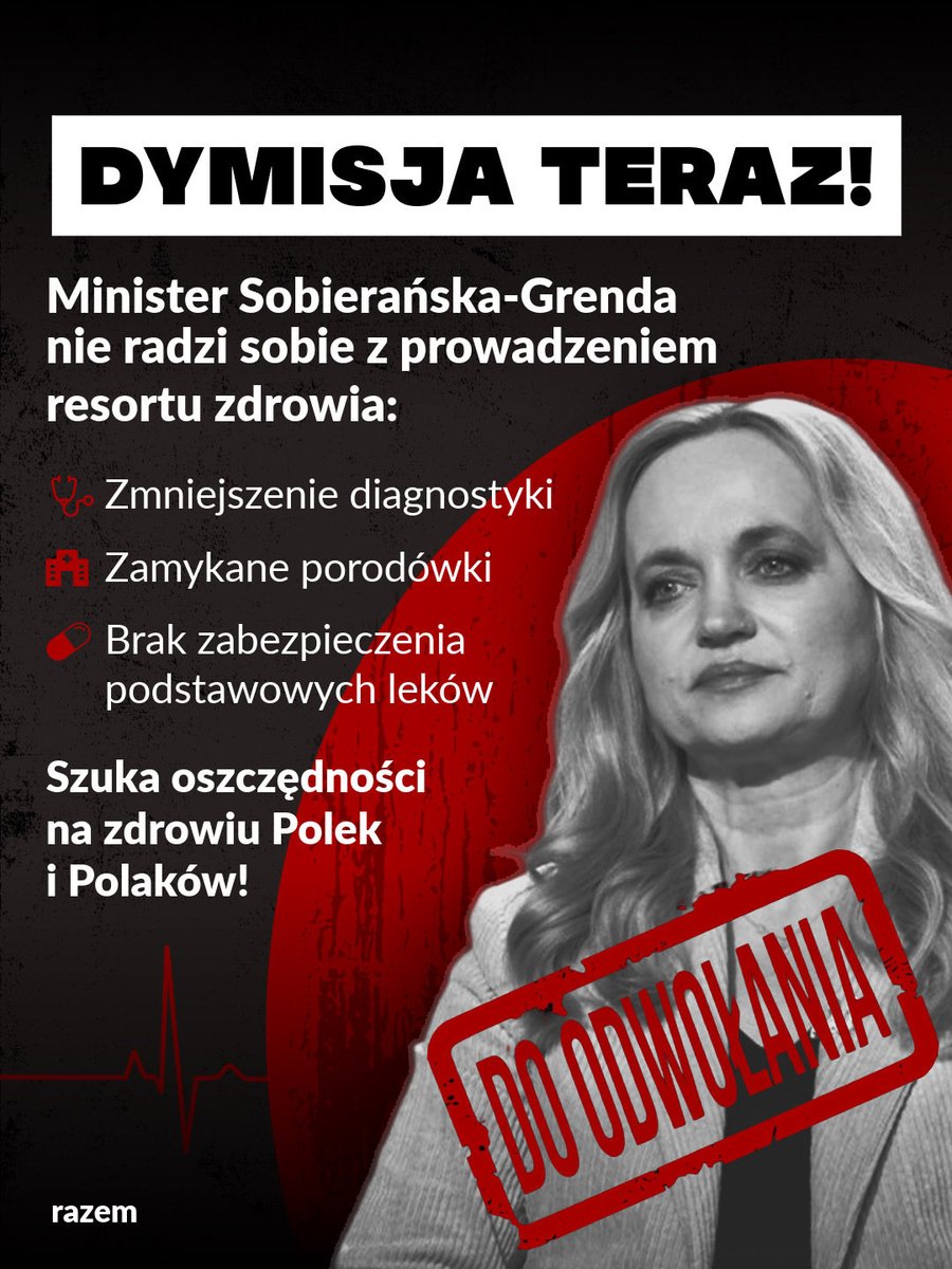 partiarazem's tweet photo. ‼️Minister Zdrowia do dymisji‼️
👉Nie ma naszej zgody na ograniczanie dostępu do diagnostyki.
👉Nie ma naszej zgody na prywatyzację ochrony zdrowia.

Potrzebujemy, aby ministerstwem zdrowia zarządzała osoba, która stawia pacjentów i zabezpieczenie dostępu do ochrony zdrowia dla Polek i Polaków na pierwszy miejscu!