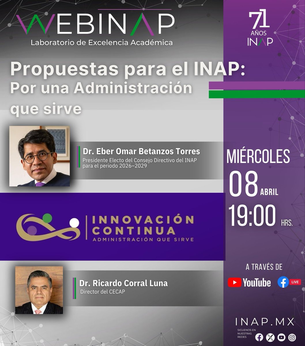 inap_mx's tweet photo. Conoce las propuestas que marcarán el rumbo del INAP.

En esta edición de WEBINAP, el Presidente Electo del Consejo Directivo compartirá su visión y propuestas para fortalecer una administración que realmente sirva, impulsando la innovación y la mejora continua en el sector público.

Un espacio clave para reflexionar sobre el futuro institucional y los retos de la gestión pública.

📅 Miércoles 08 de abril
⏰ 19:00 hrs
📍 Transmisión en vivo

No te lo pierdas y sé parte de esta conversación.