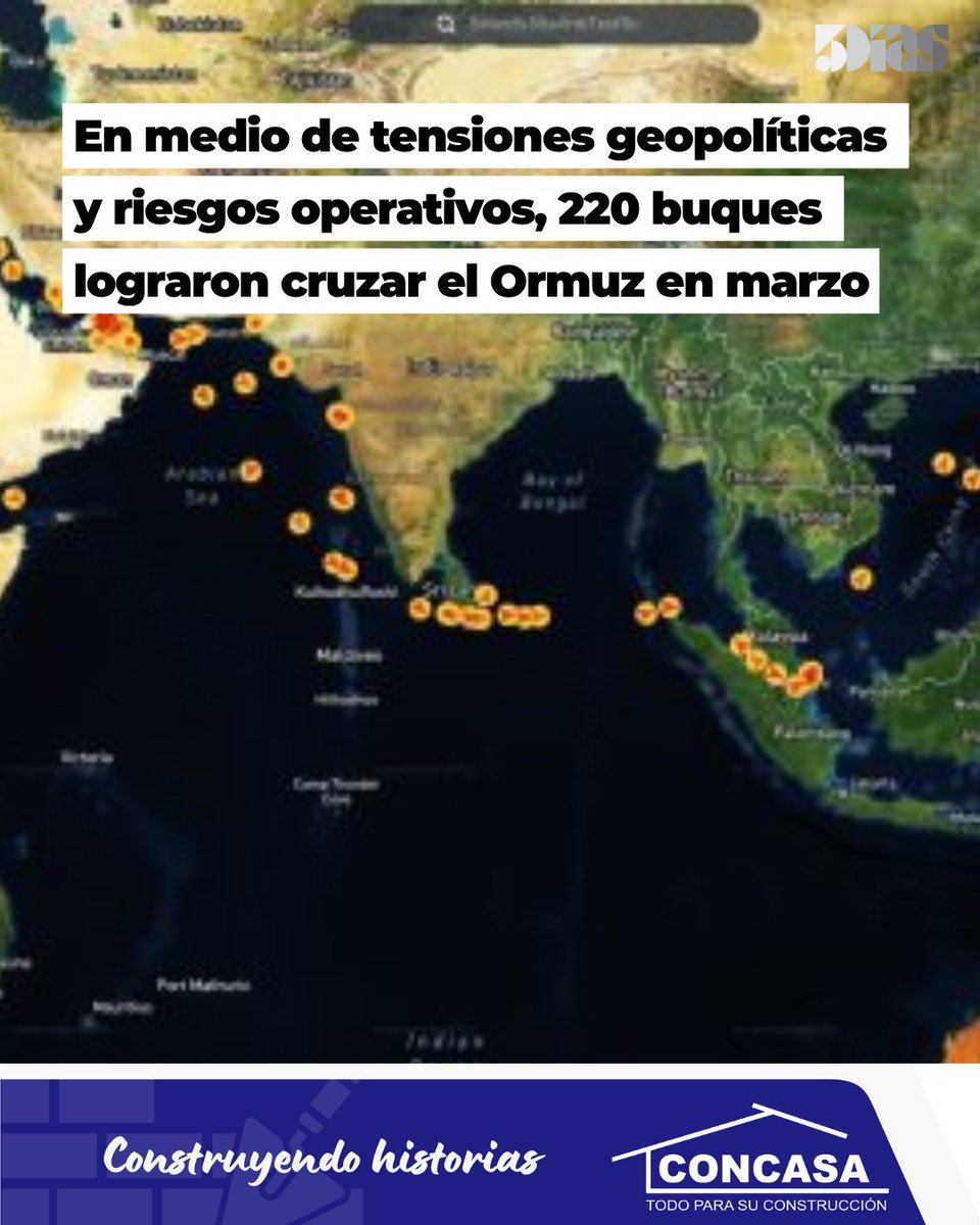 5DiasPy's tweet image. El comercio global sigue en vilo 🚢

Pese a la tensión en Medio Oriente, 220 buques lograron cruzar el Estrecho de Ormuz en marzo, una de las rutas más críticas para el petróleo mundial.

El tránsito no está detenido, pero sí fuertemente condicionado. 

#ComercioGlobal #Logística