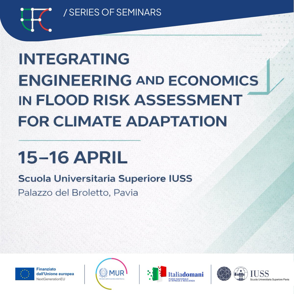 IussPavia's tweet photo. 🌊 Workshop @ IUSS Pavia (15–16 aprile 2026)
Rischio alluvionale e cambiamento climatico: approccio integrato tra ingegneria ed economia.
Per dottorandi | In presenza + online 🔗 https://t.co/QVu5Axzfvi 
#FloodRisk #ClimateChange #PhD #IUSSPavia https://t.co/Bdw5TljMXf