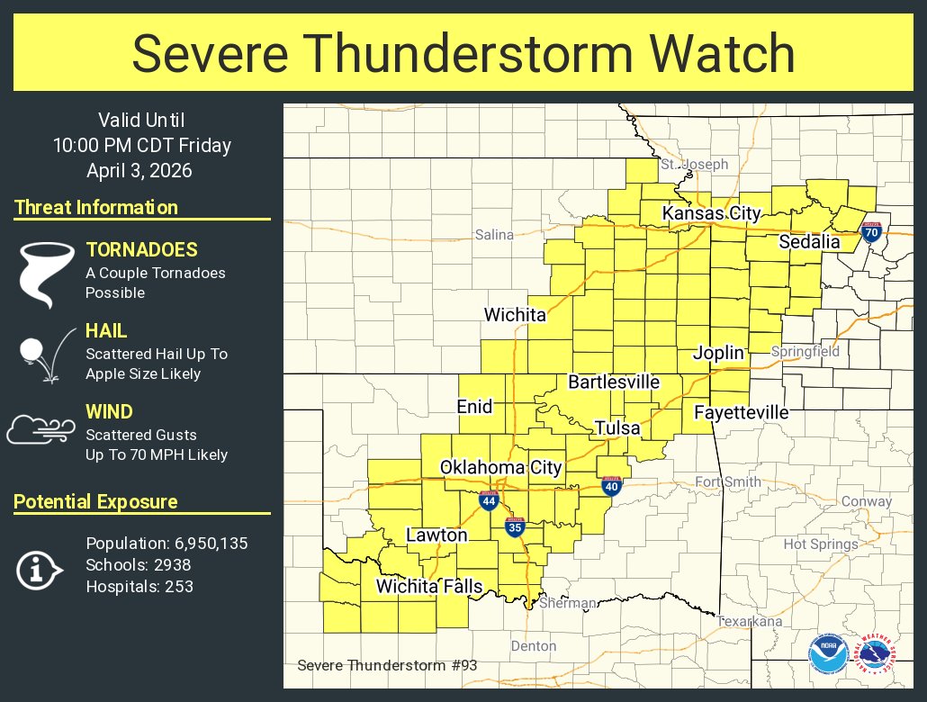 A severe thunderstorm watch has been issued for parts of Kansas, Missouri, Oklahoma and Texas until 10 PM CDT
