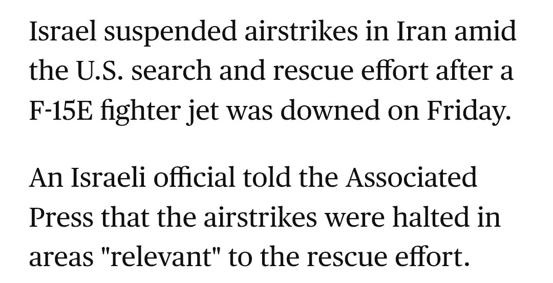 NEW: Israel suspended airstrikes in the "relevant" areas in Iran amid the search and rescue effort after a F-15E fighter jet was downed - CBS https://t.co/7T9oLF5PnX