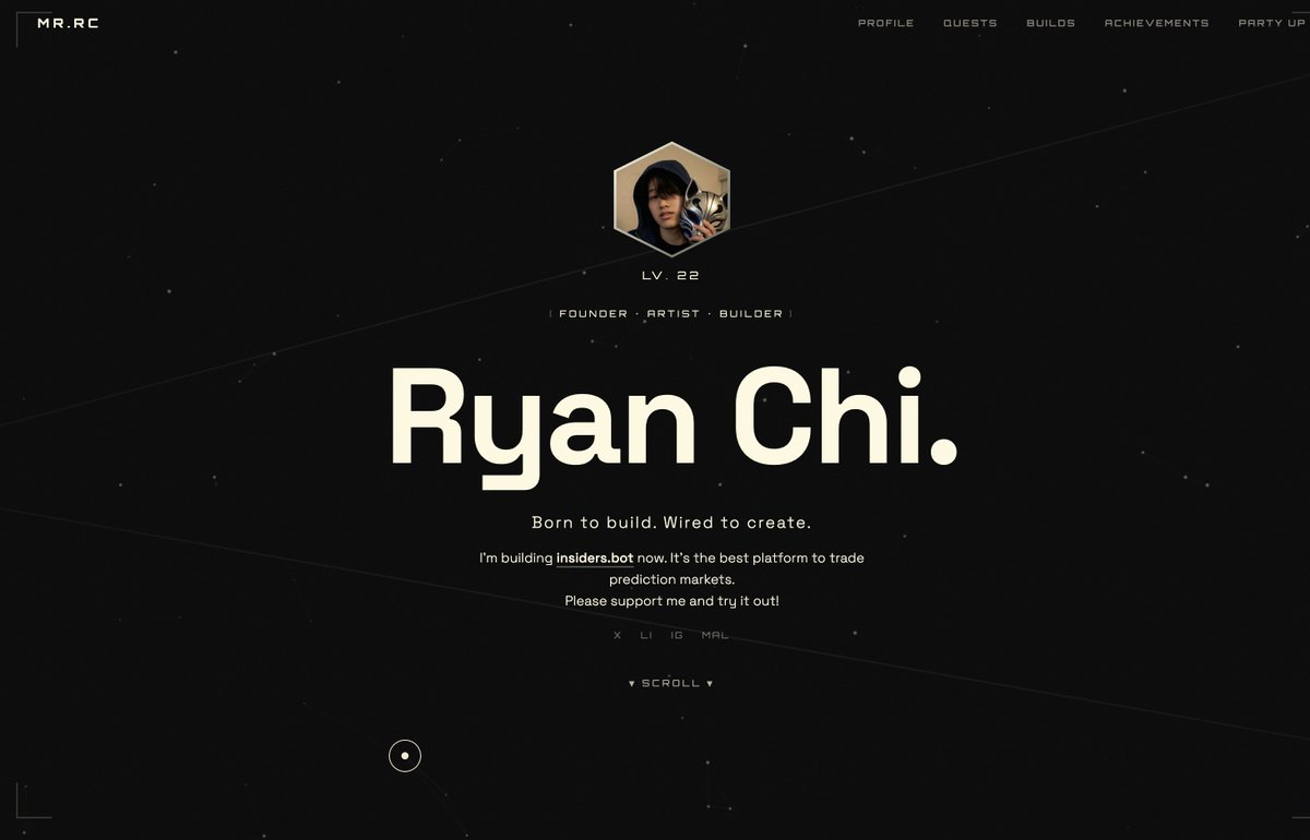 买了 ryanchi.com 这个域名好久，总算把个人网站做出来了。

埋了几个游戏彩蛋，文学彩蛋，和二次元彩蛋。

找找同好，点赞 + 转发 + 评论正确彩蛋的抽两个50u吧，哪个彩蛋都行。