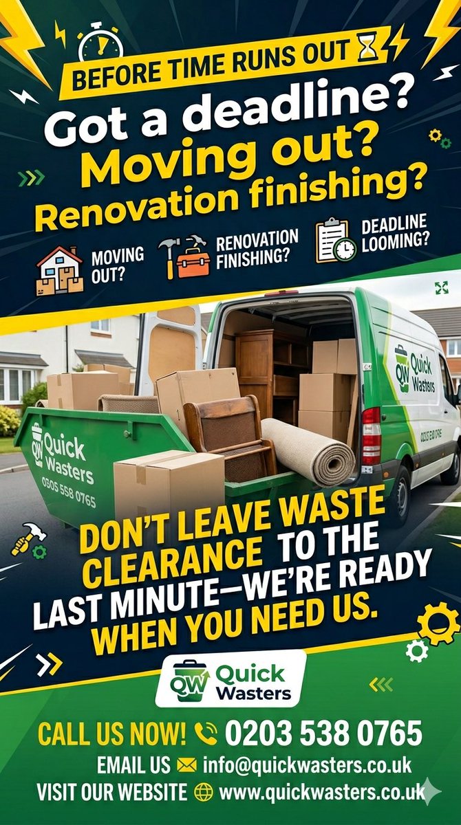 Quickwasters1's tweet image. BEFORE TIME RUNS OUT ⏳⚡
Got a deadline? Moving out? Renovation finishing?
Don’t leave waste clearance to the last minute—we’re ready when you need us.
.
📞 0203 538 0765
📧 info@quickwasters.co.uk
🌍 quickwasters.co.uk
.
#LastMinuteClearance #QuickWasters