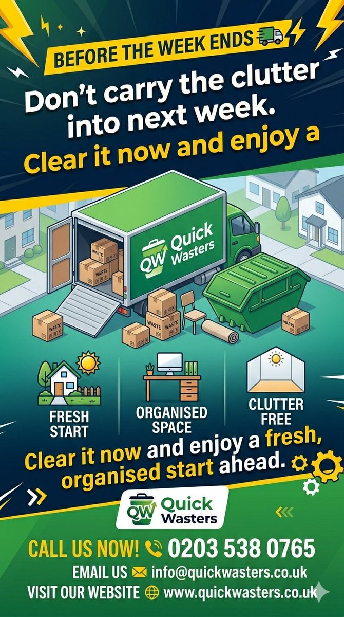 Quickwasters1's tweet image. BEFORE THE WEEK ENDS 🚛✨
Don’t carry the clutter into next week.
Clear it now and enjoy a fresh, organised start ahead.
.
📞 0203 538 0765
📧 info@quickwasters.co.uk
🌍 quickwasters.co.uk
.
#EndOfWeekClearOut #QuickWasters #WeekendReady #LondonWasteRemoval