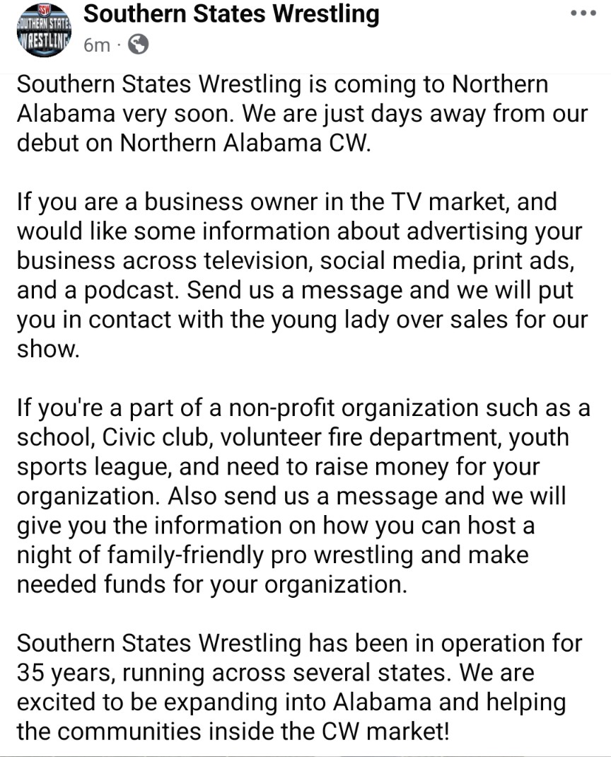 SSWWrestling1's tweet photo. We are expanding into Alabama. We will be debuting on the Northern Alabama CW in just a couple of weeks. We are very excited about what is happening across Northern Alabama. We will begin running live events there in June. https://t.co/4Isq76b1TD