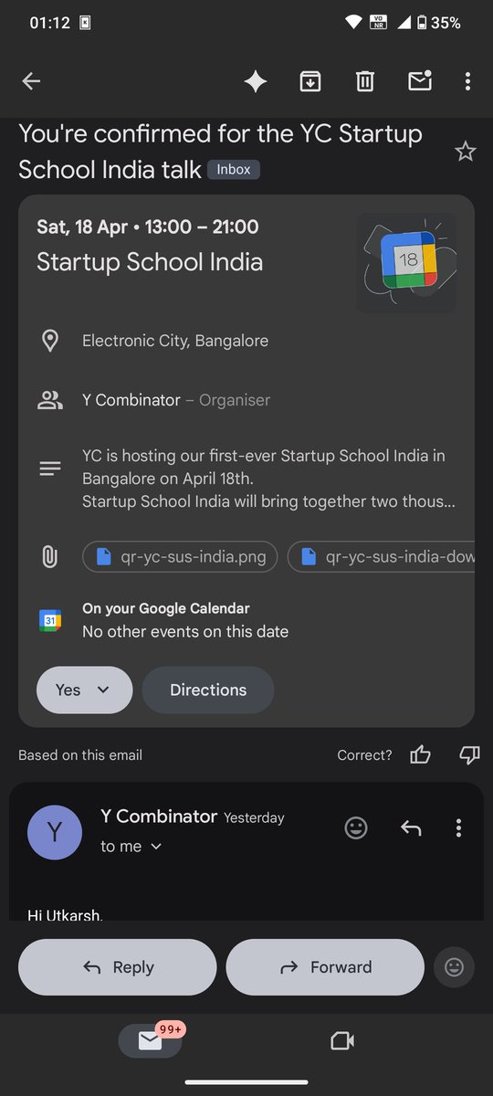 YC Startup School India. confirmed.                                                                                                                                                                                
I'll be in bangalore for this on april 18 - who else is going?