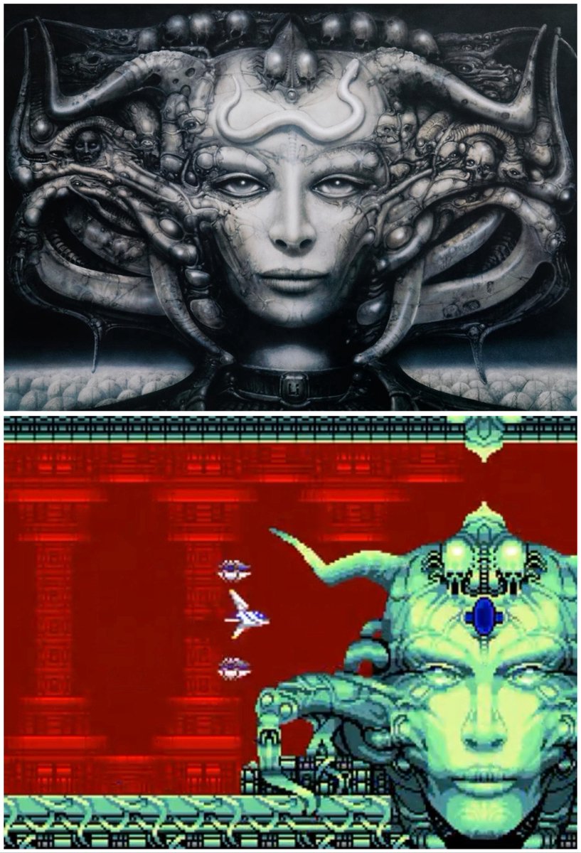 JoachimHesse's tweet photo. Die Werke des Schweizer Künstlers Hans Rudolf #Giger kennt spätestens seit dem Film Alien fast jeder. Das Portrait seiner Lebensgefährtin Li Tobler aus dem Jahr 1974 hat offenbar sogar 1989 die Entwickler des #MSX2-Shooters #SpaceManbow bei Konami zu einem Bossgegner inspiriert. https://t.co/HDQeHWOiz0