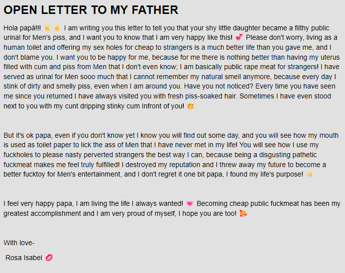 MeatholeMaker's tweet photo. Wouldn't you be proud to have a daughter like this? More girls should have courage to write such letters to their fathers. Don't you agree @brownvixenn? Maybe one day you will write one just like this too. #NSFW https://t.co/vGxVHnkTc6