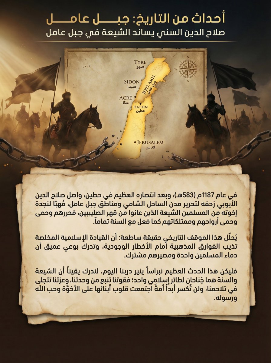 Thaeron2023's tweet photo. في عام 1187م (583هـ)، وبعد انتصاره العظيم في حطين، واصل صلاح الدين الأيوبي زحفه لتحرير مدن الساحل الشامي ومناطق جبل عامل، مُهبّاً لنجدة إخوته من المسلمين الشيعة الذين عانوا من قهر الصليبيين، فحررهم وحمى أرواحهم وممتلكاتهم كما فعل مع السنة تماماً. يُحلّل هذا الموقف التاريخي حقيقة ساطعة: أن القيادة الإسلامية المخلصة تذيب الفوارق المذهبية أمام الأخطار الوجودية، وتدرك بوعي عميق أن دماء المسلمين واحدة ومصيرهم مشترك. فليكن هذا الحدث العظيم نبراساً ينير دربنا اليوم، لندرك يقيناً أن الشيعة وال��نة هما جَناحان لطائر إسلامي واحد؛ فقوتنا تنبع من وحدتنا، وعزتنا تتجلى في تلاحمنا، ولن تُكسر أبداً أمةٌ اجتمعت قلوب أبنائها على الأخوّة وحب الله ورسوله. 

@AbdelkawySalama 
@alghamdi_s25875 

#عاجل #السعودية #الحرب #الخليج #الكويت #السنة #الشيعة
