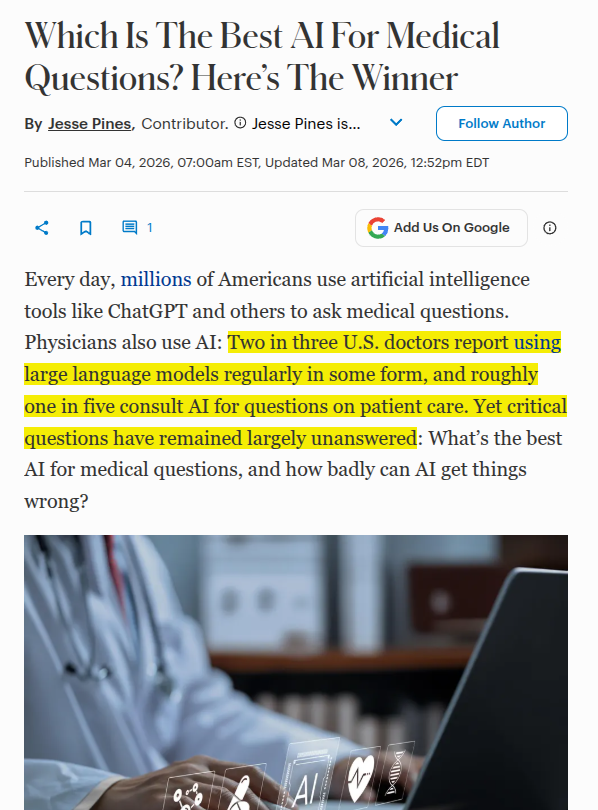 rohanpaul_ai's tweet photo. Stanford and Harvard-backed researchers published one of the toughest real-world tests yet of medical AI, and the best systems beat generalist doctors while still making risky mistakes.

The research team tested 31 tools against the clinical adjudicated cases, 100 real physician consultation cases and scored whether they chose the right clinical actions, which is much closer to medicine than answering exam-style questions.

The sharpest finding was that 77% of severe-harm cases came from omissions, meaning the model stayed too quiet and failed to suggest an important step, so extreme caution can be dangerous.

The safest systems sat in a middle zone between reckless over-recommendation and over-restrained under-recommendation, and mixed multi-agent setups were nearly 6x more likely to reach top-quartile safety than single models.

---

forbes. com/sites/jessepines/2026/03/04/which-ai-is-best-for-medical-questions-new-research-has-answers/