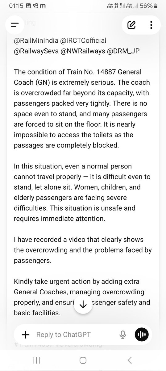 Dharmendra60646's tweet photo. @RailMinIndia @IRCTCofficial
@RailwaySeva
@NWRailways @raghav_chadha @pushkardhami @narendramodi 
The condition of Train No. 14887 General Coach (GN) is extremely serious. The coach is overcrowded far beyond its capacity, with passengers packed very tightly.
Due to excessiv https://t.co/jk1GNJJHpi