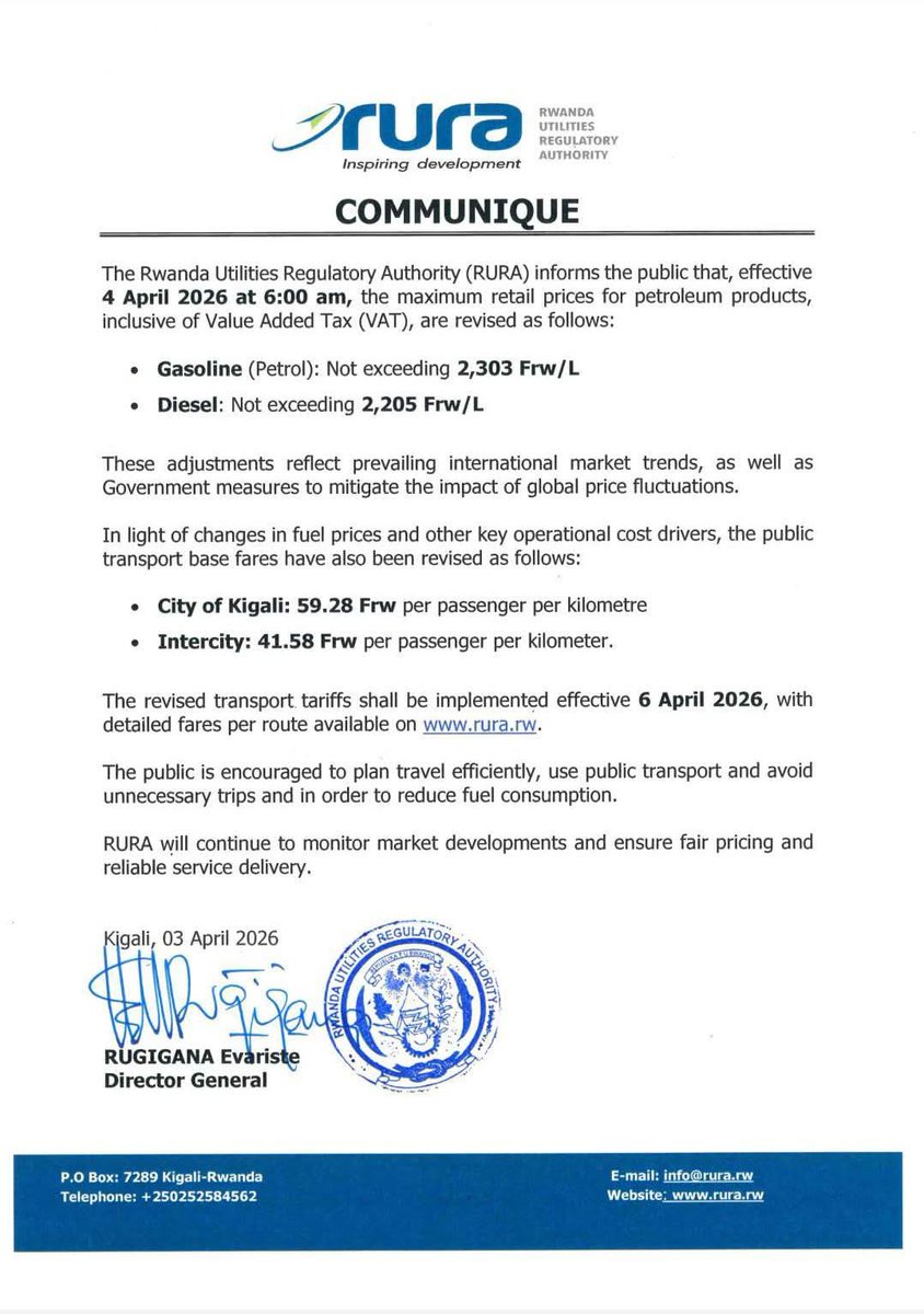 Effective Sat, April 04,  2026,  <a href="/RURA_RWANDA/">Rwanda Utilities Regulatory Authority - RURA</a> announced an updated fuel prices:
⛽ Gasoline (Petrol)= 2,303 Rwf/L
⛽ Diesel= 2,205 Rwf/L

Effective Mon, April 06, 2026 the transport base fares have been affected as follows:
🚌  59.28Rwf/Km in Kigali
🚌 41.58Rwf/Km in other places
