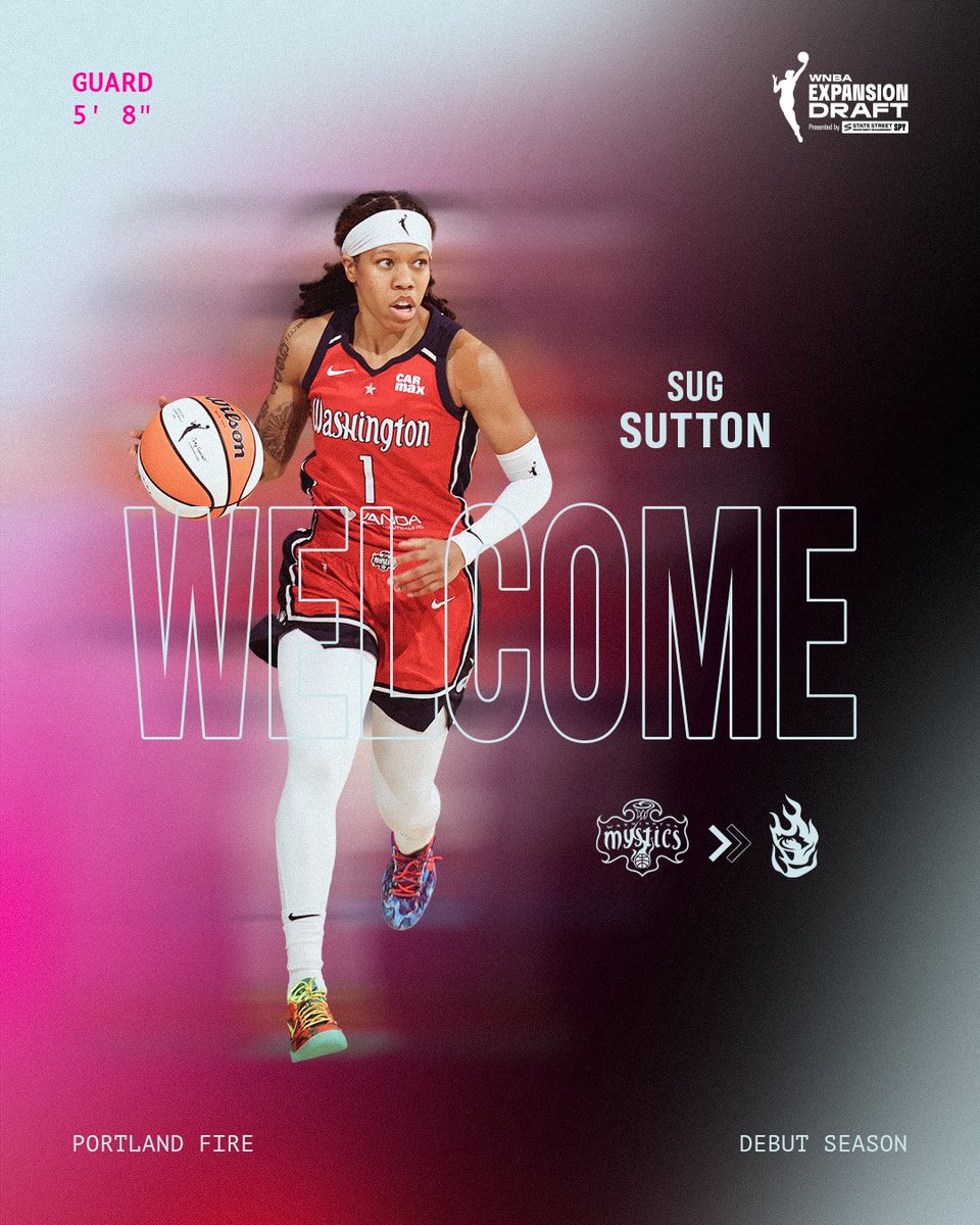 theportlandfire's tweet image. With the 19th pick in the WNBA Expansion Draft, we’ve selected Sug Sutton from the Washington Mystics