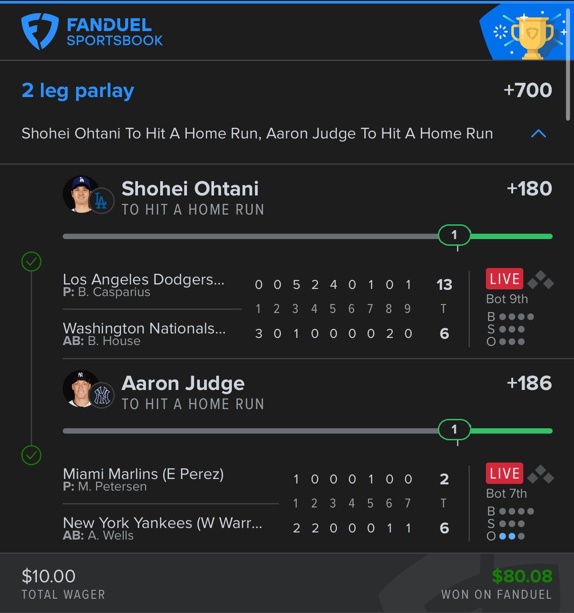 LukecappinPicks's tweet photo. Cashed a 🔥 2-leg HR parlay!!

Shohei Ohtani 💣
Aaron Judge 💣

Let’s go!!! 💰💰

#SportsBetting #MLBPicks #HRParlay #HomeRunPicks #WinningTickets #BettingWins #GamblingTwitter #MLBBetting #LockedIn #CashIt #SportsPicks https://t.co/CU8tXozr6m
