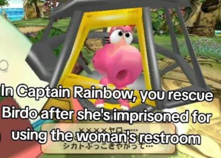 Anherike's tweet image. “Birdo it’s not trans” 

In the official game from Nintendo “Captain Rainbow” there’s a mission where Birdo is imprisoned to use the women’s bathroom and you have to prove she is a girl, and at the end you made it and they free her 

#Nintendo #SuperMarioGalaxyMovie