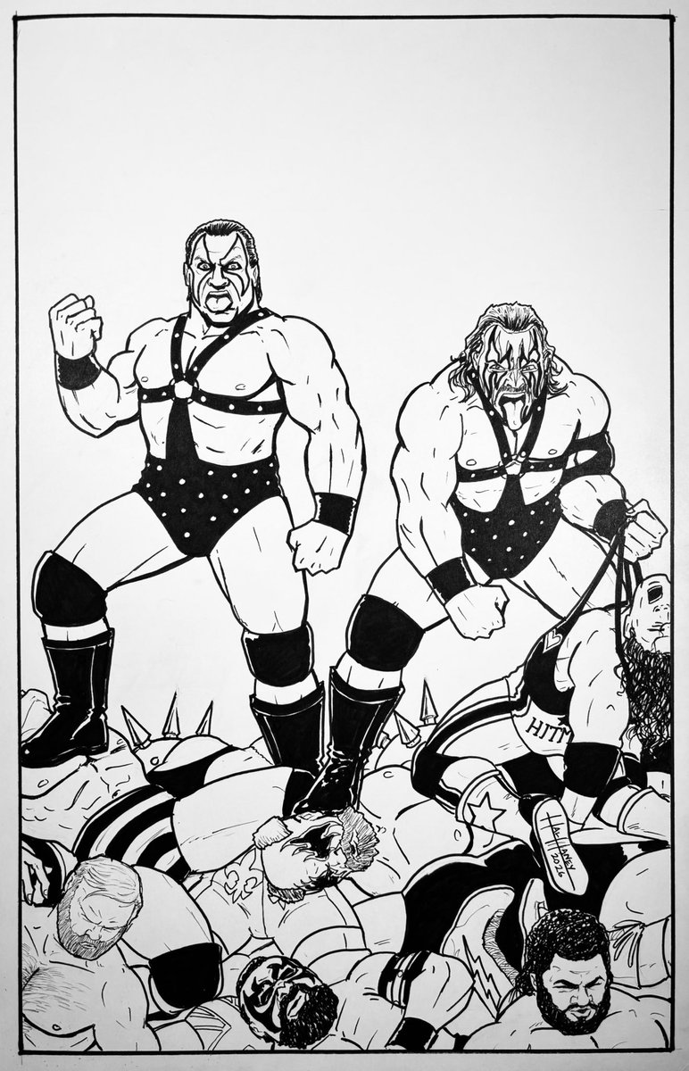 HalHaneyArt's tweet photo. Finished drawing and inking this Demolition piece for Wrestlecon, and it’s on to colors! https://t.co/79bmKLh8FI