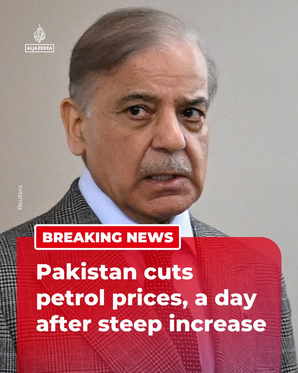 AJEnglish's tweet image. BREAKING: Pakistan will cut petrol prices by 80 rupees per litre to 378 rupees ($1.35), says PM Shehbaz Sharif, a day after the country raised fuel prices by at least 43% due to the US-Israeli war on Iran.  

🔴 LIVE updates: aje.news/6a1dt2