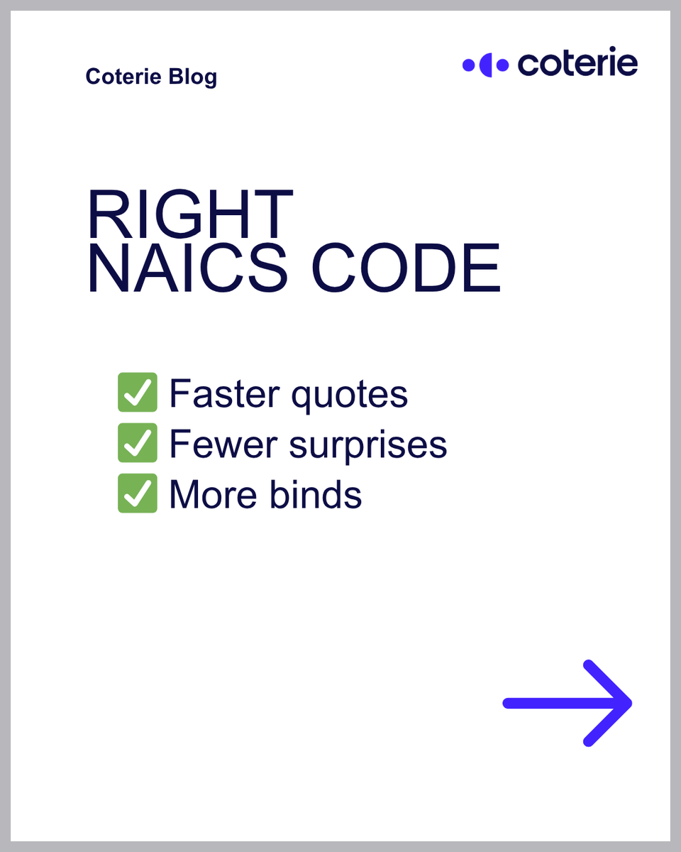 CoterieIns's tweet image. Coterie evaluates NAICS codes to determine instant eligibility or decline, so agents can pre-screen prospects, set accurate expectations, and avoid wasted submission time. 

Read more: hubs.la/Q049zm6j0

#naics #smallbusinessinsurance #insuranceagent #insurance