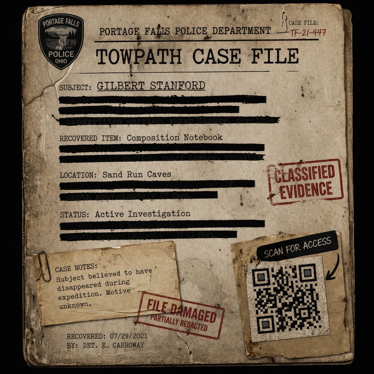 JonDWalter's tweet photo. The Towpath Case file was never meant to surface.
Recovered pages suggest a mind unraveling… not everything buried should be found. Proceed with caution. And DO NOT approach the Sand Run Cave system. For more: https://t.co/zcYl48N2Wy
#RecoveredEvidence
#PsychologicalHorror https://t.co/bQFwh5y03I