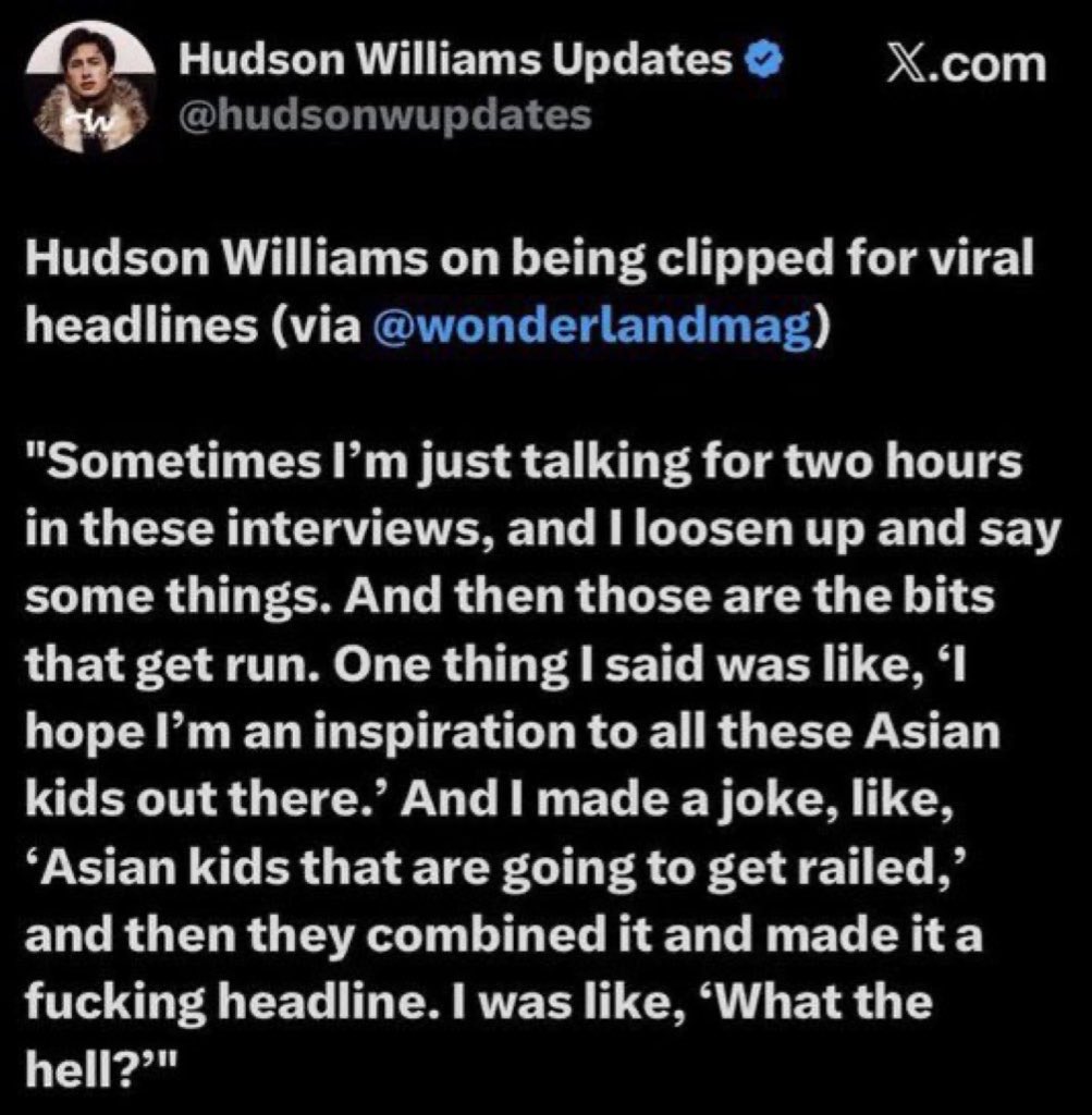 lanaconrry's tweet image. but yall are fine with hudson “joking” about how he hopes he’s an inspiration to asian kids to grow up and get railed?? so we really don’t gaf. mind the business of the person you stan