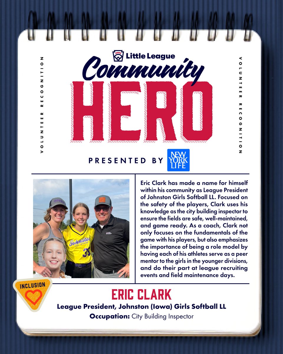 LittleLeague's tweet photo. Thank you, Eric Clark, for leading with purpose and showing what true leadership looks like in the Johnson Girls Softball LL community!

#LLCommunityHeroes x @NewYorkLife https://t.co/3VfurQ1cUc