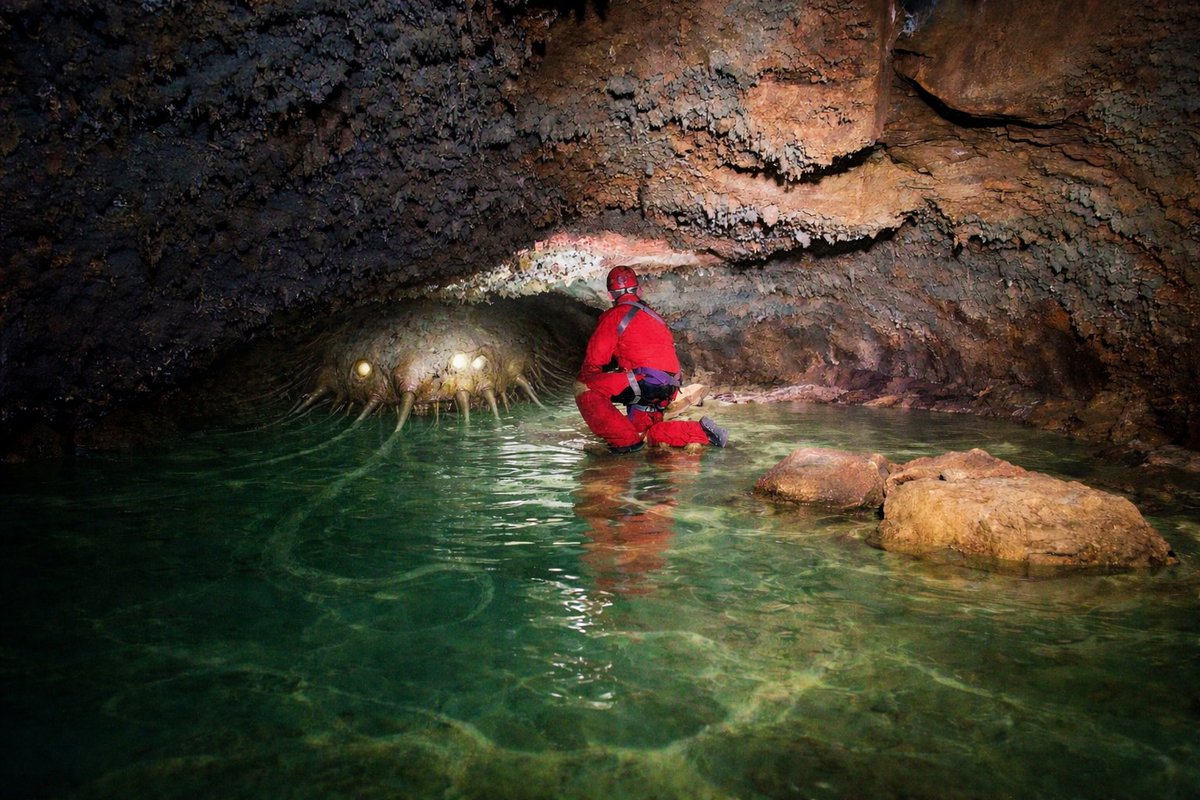 CaveErandikuaro's tweet photo. The explorer kneels by the green liquid, his headlamp shaking. The reflections move on their own.
He leans closer.
Eyes open beneath the surface.
Something rises—soft, wrong.
The light flickers.
Cut to black. https://t.co/7Q7KLRSUev