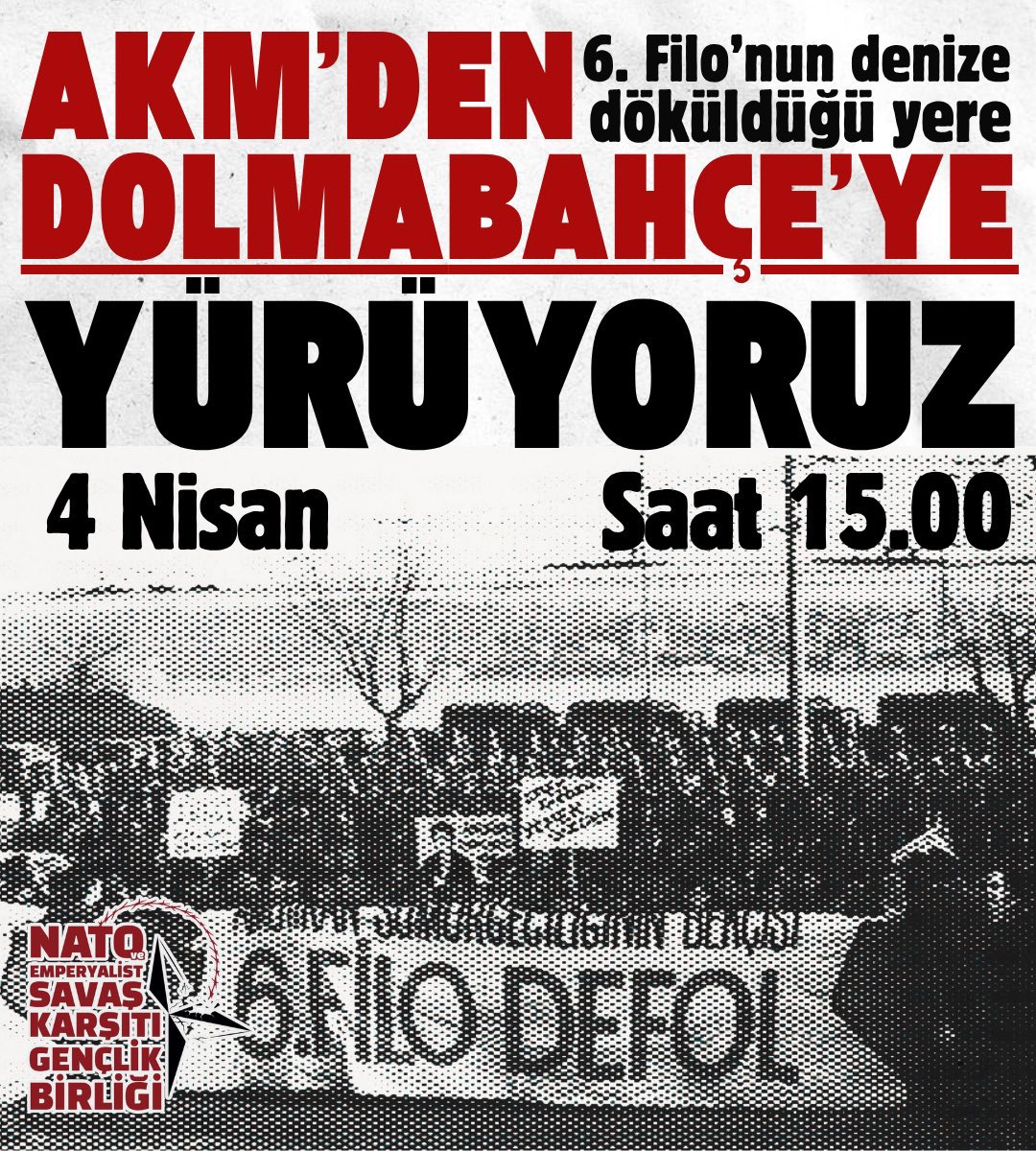 📢İstanbul Eylem Çağrısı

Kuruluşunun yıldönümünde NATO’ya ve Emperyalist savaşa karşı AKM’den Dolmabahçe’ye yürüyoruz.

Herkesi anti-emperyalist mücadeleyi büyütmeye, NATO DEFOL demeye çağırıyoruz! 

📍AKM
🗓️04.04.26
🕖15.00
