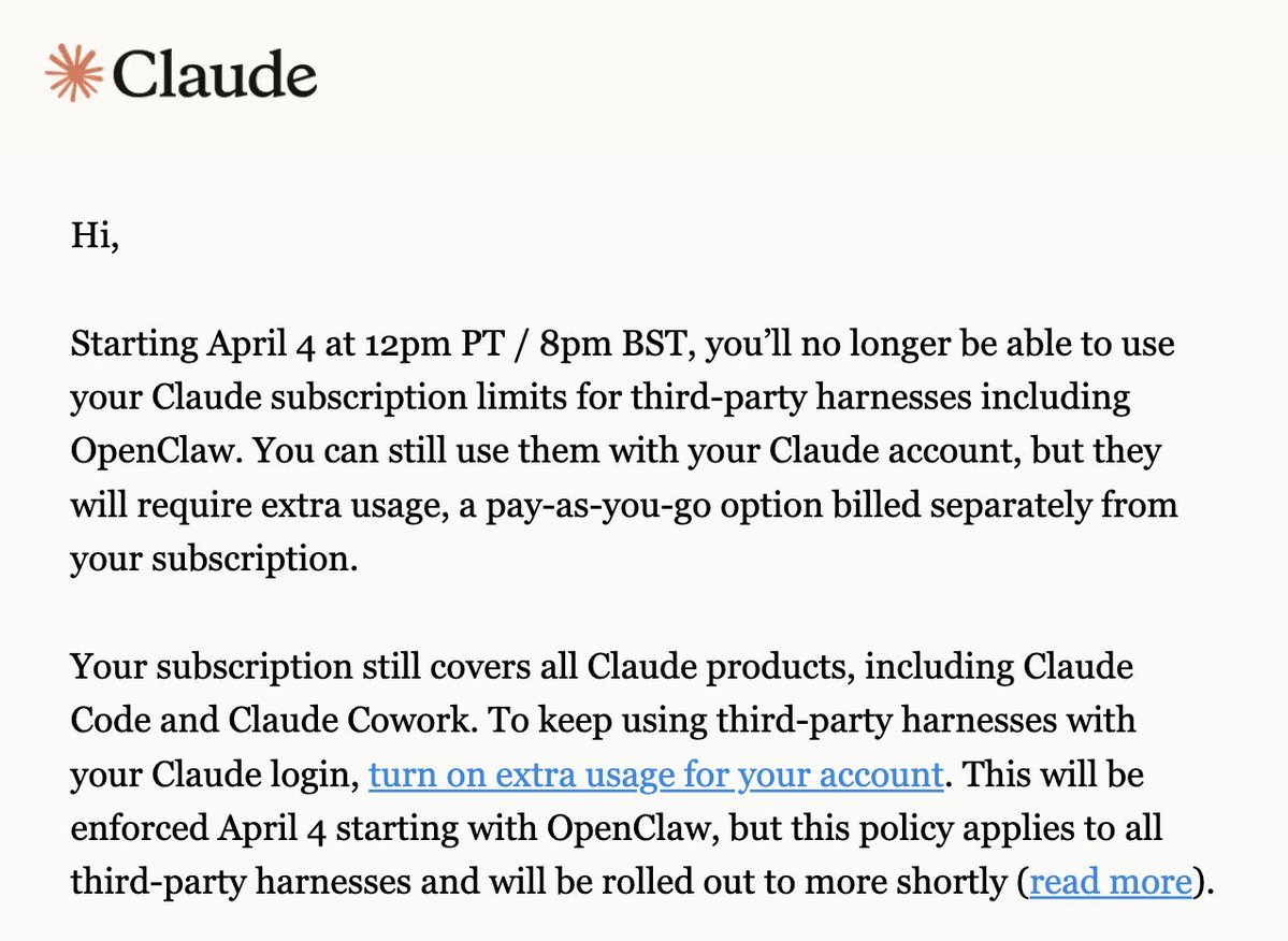 I think we saw this one coming - Claude officially banned from being used in third party harnesses like OpenClaw.