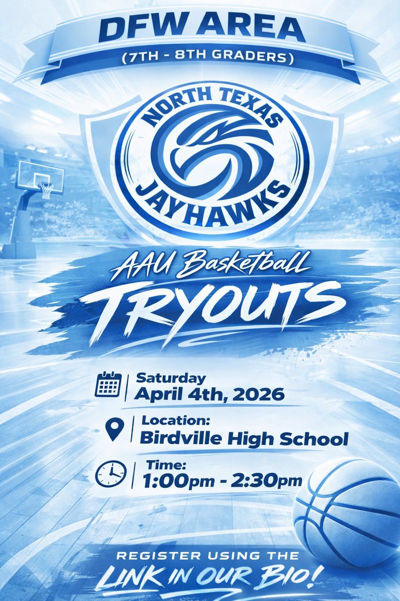ntxjayhawks's tweet photo. Final Round for DFW! Tryouts tomorrow! 

DFW 7th–8th graders, come compete, get better, and earn your spot with the North Texas Jayhawks.

📍 Birdville HS
⏰ 1:00–2:30 PM

Bring energy. Bring toughness. #PTT #DFWHoops #AAU #NTXHoops #YouthBasketball https://t.co/FbNs0s8UTG