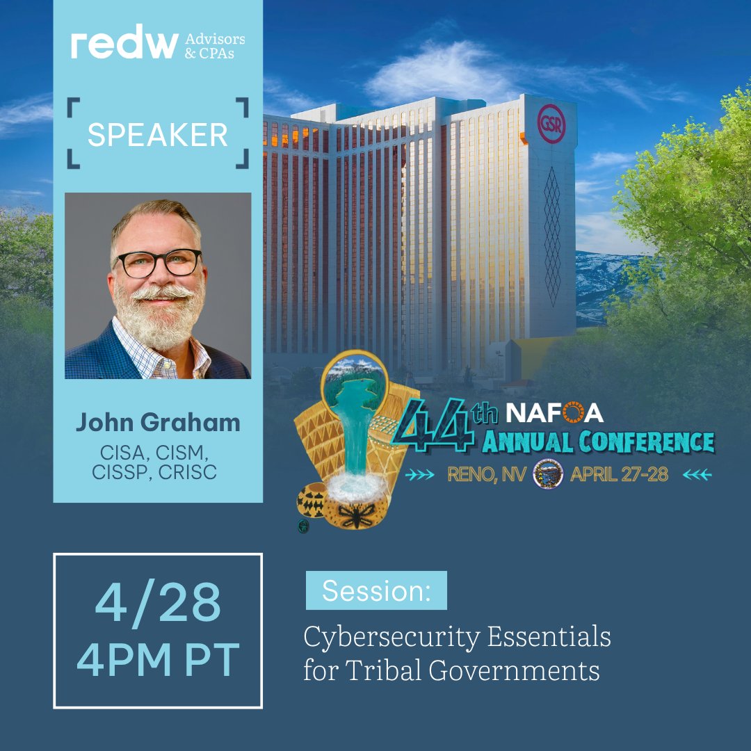 SteveCoganCPA's tweet photo. 🤝 REDW is a Gold Sponsor of this year's 44th Annual NAFOA Conference!

If you're attending, don't miss REDW Cybersecurity Principal, John Graham, who will be presenting "What Could Go Wrong? Cybersecurity Essentials for Tribal Governments."

More here: https://t.co/UIk8yeD50V https://t.co/v03COcXRWn