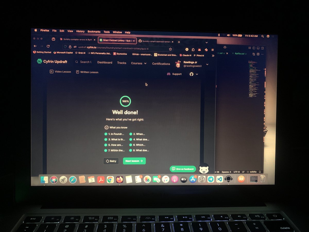 ✅ Spent the entire day running tests and debugging some Smart Contracts, very exhausting yet mentally stimulating. 

✅ Attention to details is a non-negotiable skill for a Smart Contract Dev, always check for consistency across all functions.

✅ Crushed my quiz as well. 💯%👨🏾‍💻