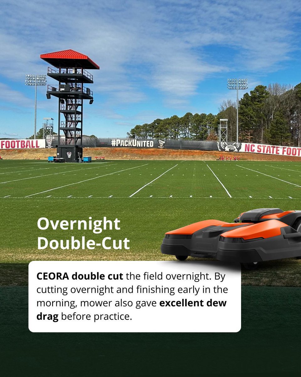 GreenSightAg's tweet image. Late Feb at #NCState showed why the "Night Shift" is a game-changer for sports turf.

We put the #Husqvarna CEORA, 580L &amp;amp; 535 AWD to work overnight to see how they handle the early-season transition. The results? Pro-ready turf by the first whistle.

3 key insights below! 👇