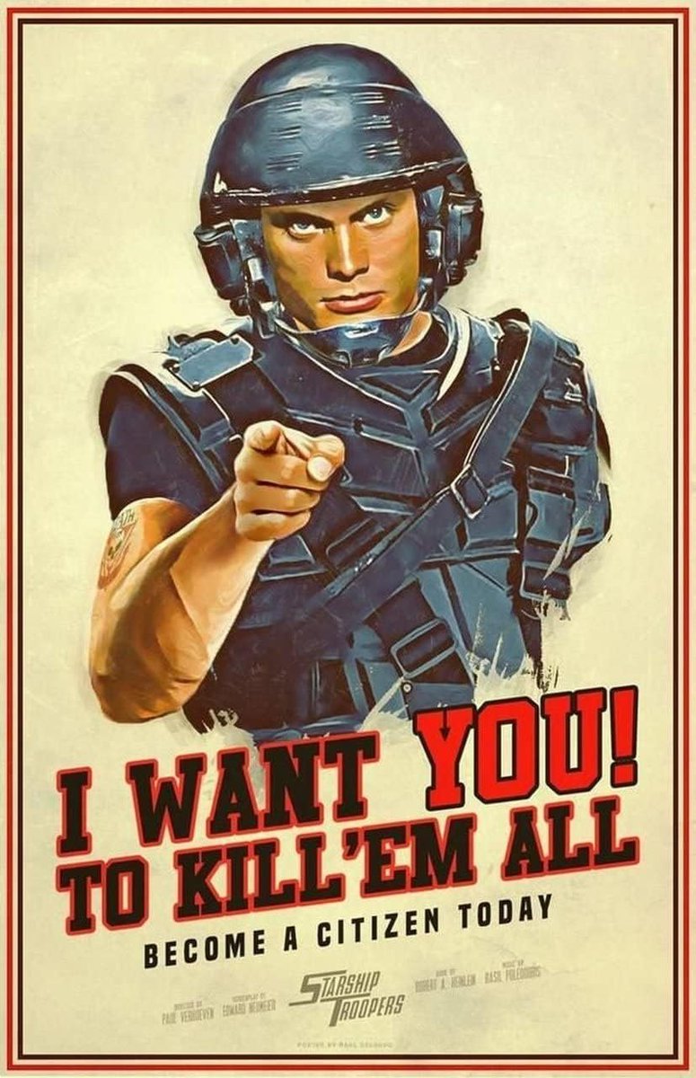 georgemartinf's tweet photo. Parecidos razonables: cartel para alistarse en los marines espaciales de la película de #StarshipTroopers de 1997 de @VerhoevensTweet con @caspervandien y @DinaMeyer y el cartel ruso de reclutamiento para la guerra en Ucrania https://t.co/IOBTOtibFY