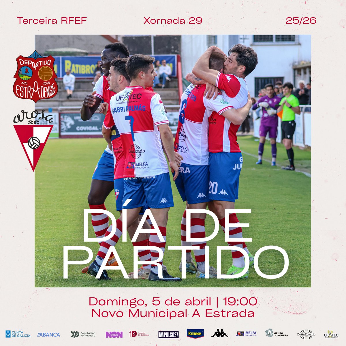ArosaSCOficial's tweet image. 💪🏼 A por un bo remate de semana! 

🏆 #TerceraFederación: Xornada 29
🆚 CD Estradense 
📅 Domingo, 5 de abril 
🕖 19:00
🏟️ Novo Municipal A Estrada 
🎫 Entrada única: 12 €. Pódense adquirir en taquilla ou a través do enlace: app.cluber.es/clubes/bef476a… 

#SempreArosa #ArosaSC