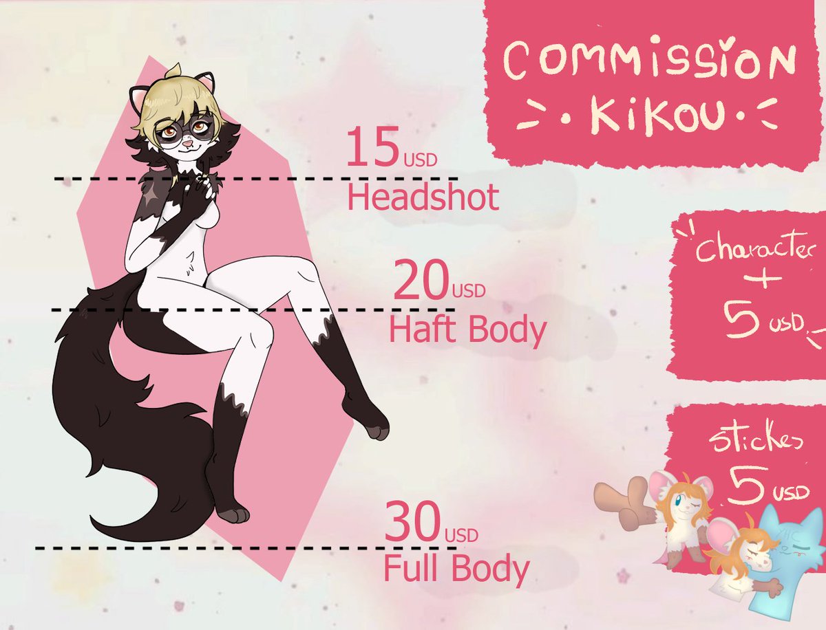 🎨✨ FURRY COMMISSIONS OPEN – KIKOU ✨🎨

💰 Prices:
• Headshot: $15 USD
• Half Body: $20 USD
• Full Body: $30 USD

➕ Extras:
• Additional character: +$5 USD
• Stickers: +$5 USD

📲 DM me for more info or to claim a slot
💳 Payment via PayPal